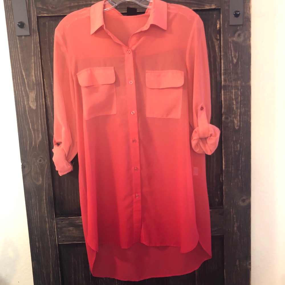 Coral Ombre Tunic Button-Down 3/4 Or Long Sleeve